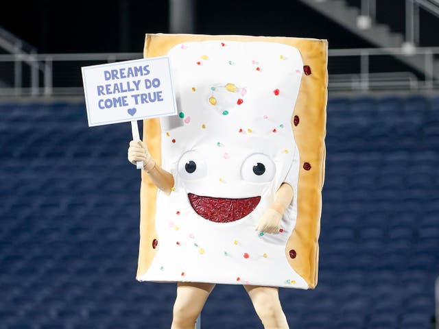 <p>The Pop-Tart Bowl mascot, Strawberry, after the game between the North Carolina State Wolfpack and the Kansas State Wildcats on 28 December 2023 at Camping World Stadium in Orlando, Fl.</p>