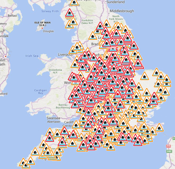 Hundreds of warnings, in red, and alerts, in orange, are in place across the country