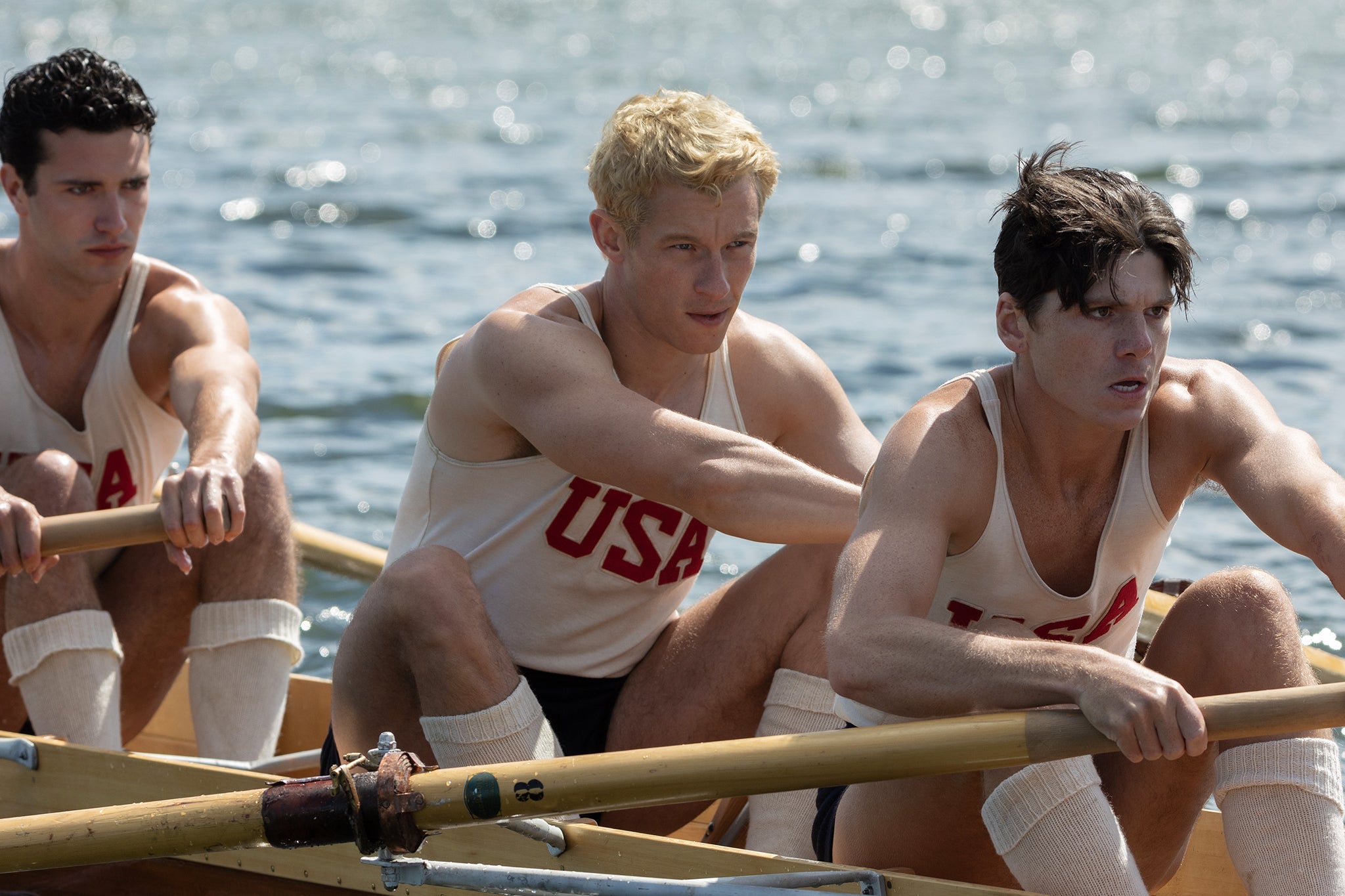 An almighty row: Bruce Herbelin-Earle, Callum Turner and Jack Mulhern’s new film ‘The Boys in the Boat’ has divided critics