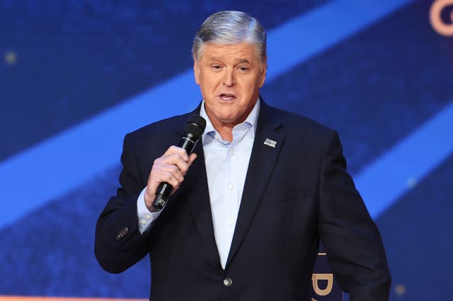 <p>Sean Hannity speaks onstage during the 2023 FOX Nation Patriot Awards at The Grand Ole Opry on November 16, 2023 in Nashville, Tennessee</p>