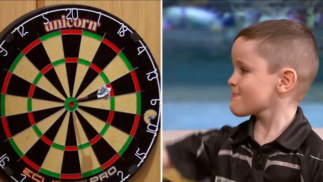 <p>Six-year-old Luke Littler darts hopeful hits bullseye live on This Morning.</p>