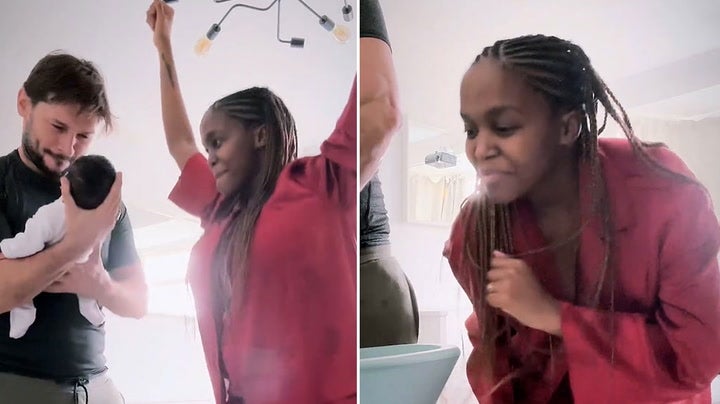 <p>Oti Mabuse admits missing dancing as she performs salsa while changing daughter’s nappy.</p>
