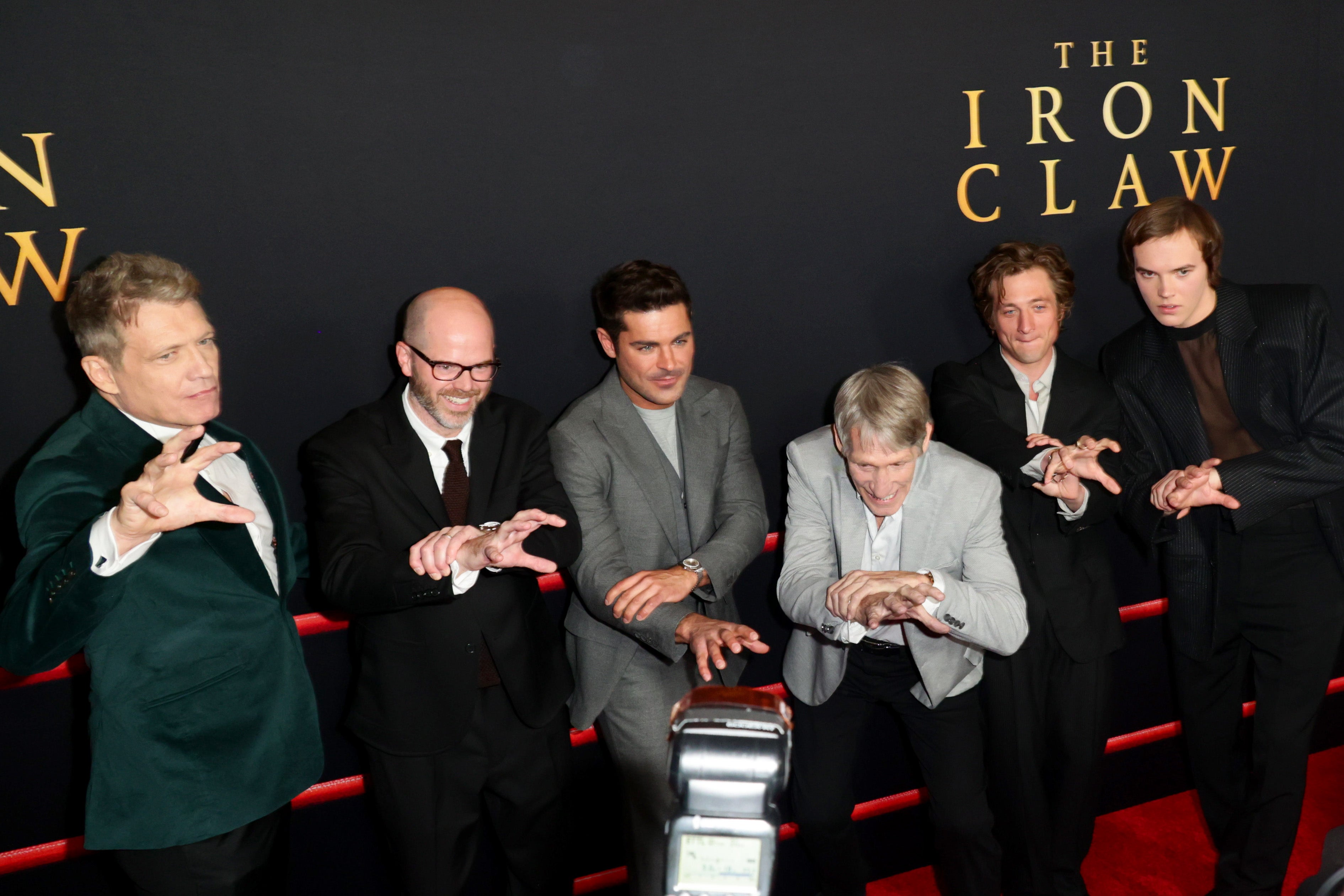 Holt McCallany, Sean Durkin, Zac Efron, Kevin Von Erich, Jeremy Allen White, and Stanley Simons at the LA premiere of ‘The Iron Claw’ on 11 December 2023