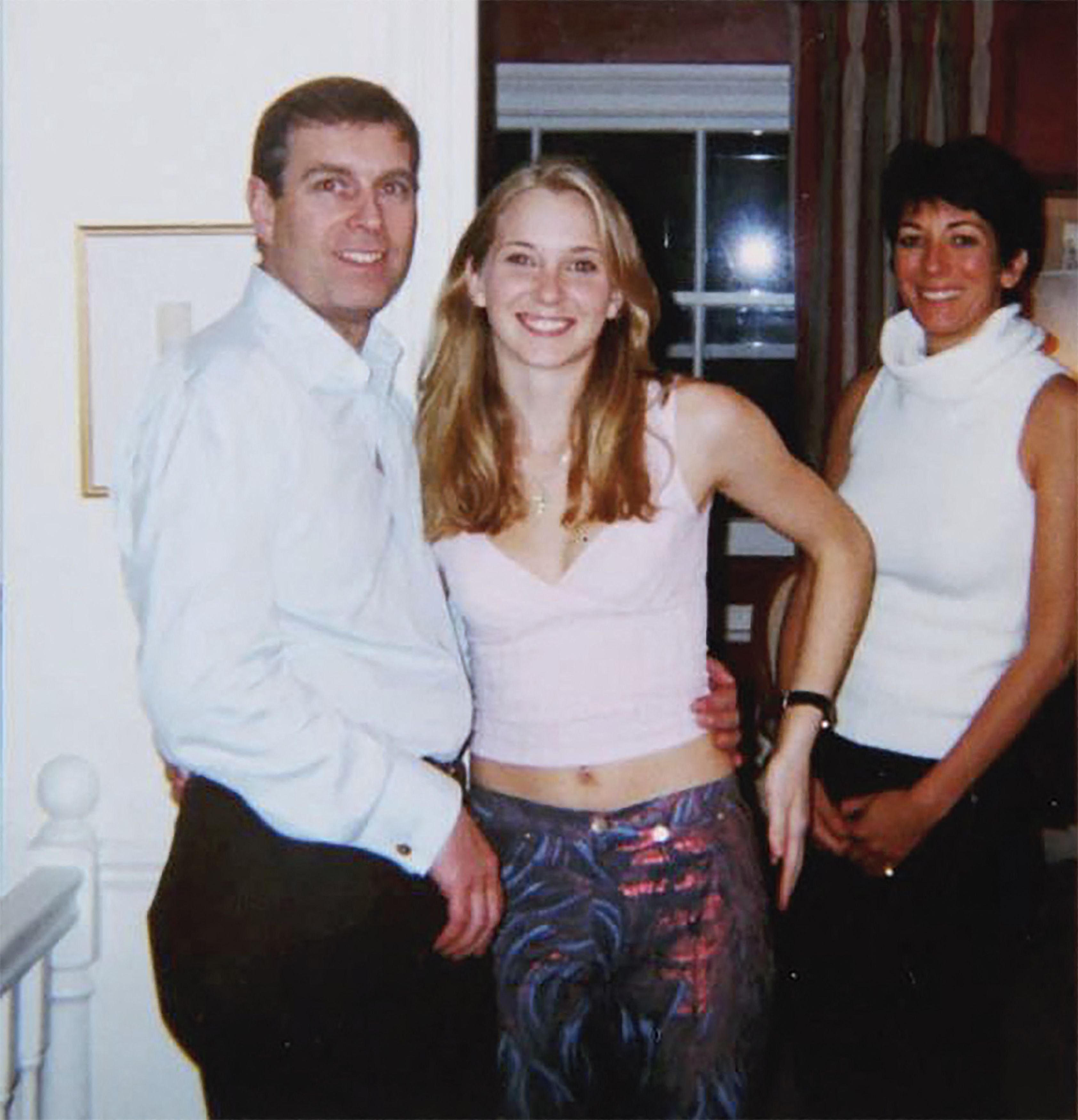 <p>Prince Andrew with Virginia Giuffre and Ghislaine Maxwell </p>