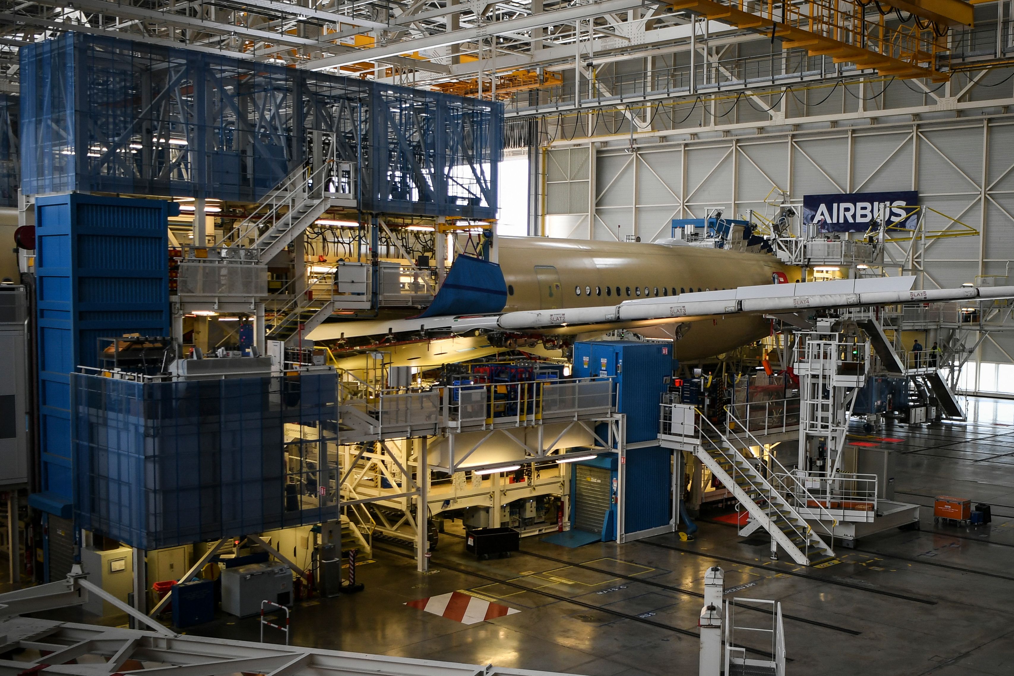 Exteriors of an Airbus A350 seen at an assembly site in Colomiers near Toulouse, south-western France