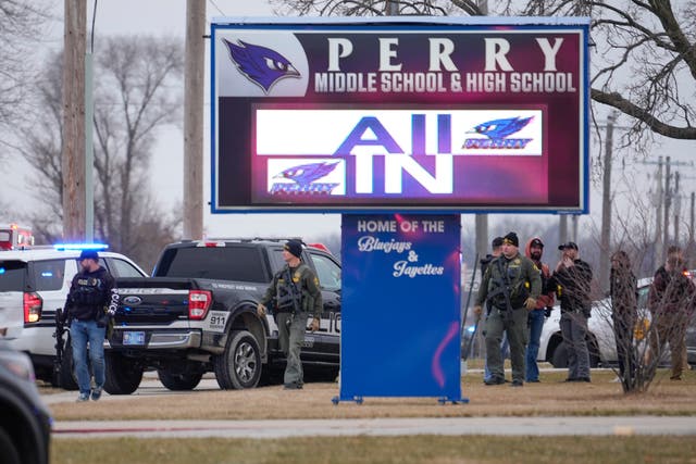 <p>Police respond to Perry High School in Perry, Iowa., Thursday, Jan. 4, 2024</p>