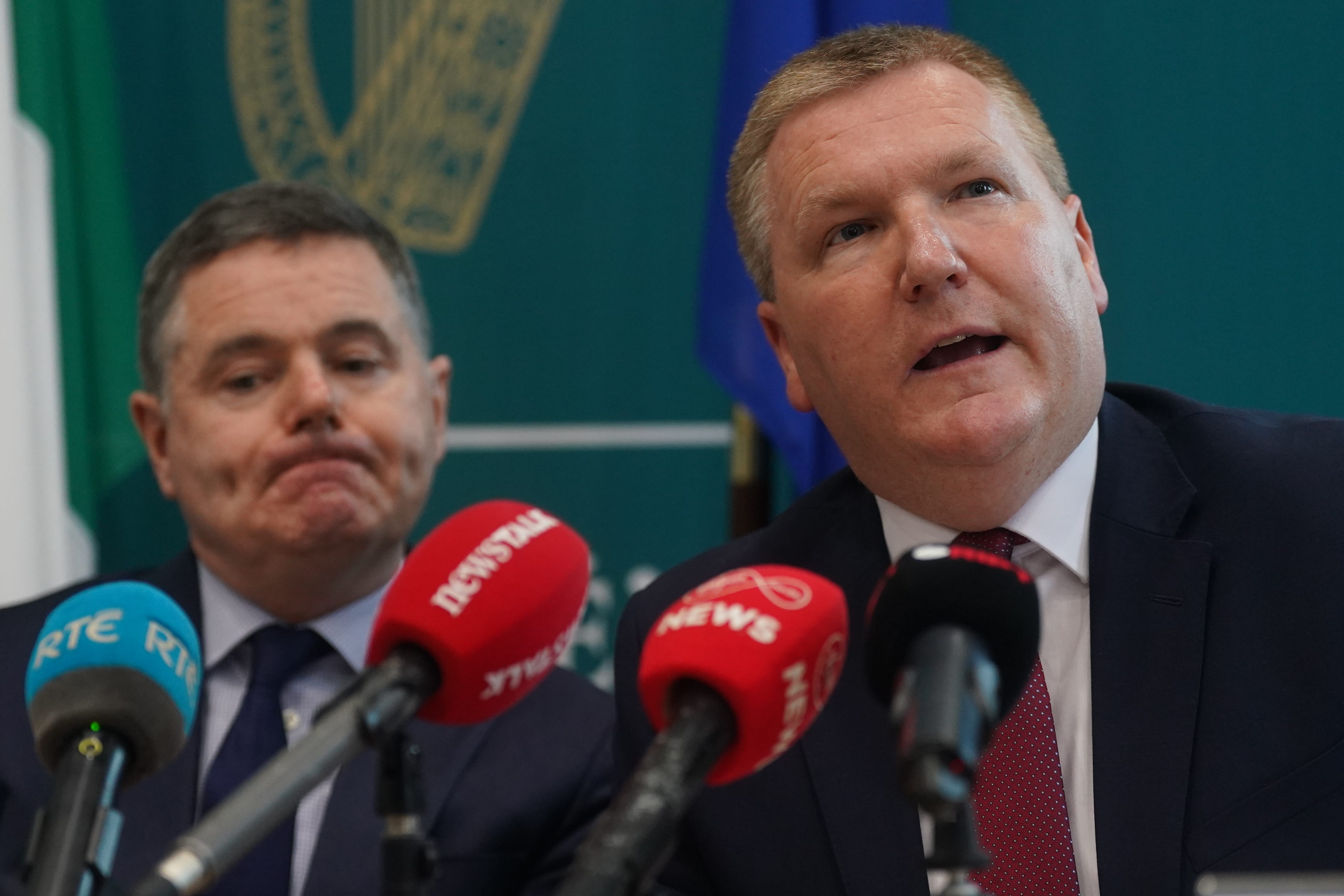 Minister for Public Expenditure Paschal Donohoe (left) and Minister for Finance Michael McGrath addressed a press conference at the Government Buildings in Dublin (PA)