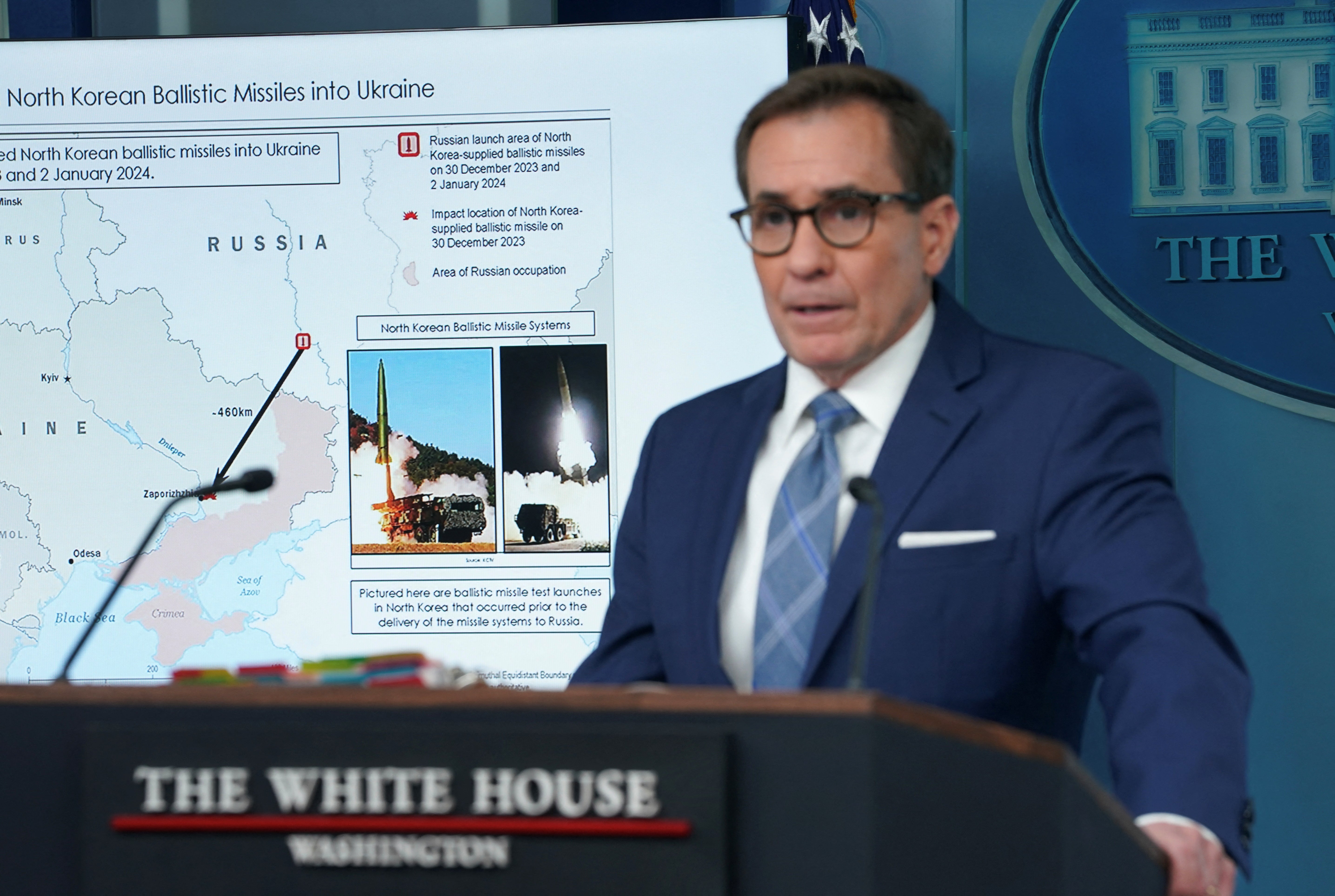 White House national security spokesperson John Kirby speaks about alleged North Korean ballistic missiles fired by Russia into Ukraine during a press briefing at the White House in Washington, U.S., January 4, 2024