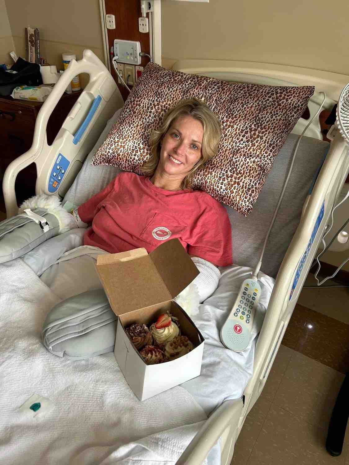 Cindy Mullins, 41, recovering in a hospital bed following surgery