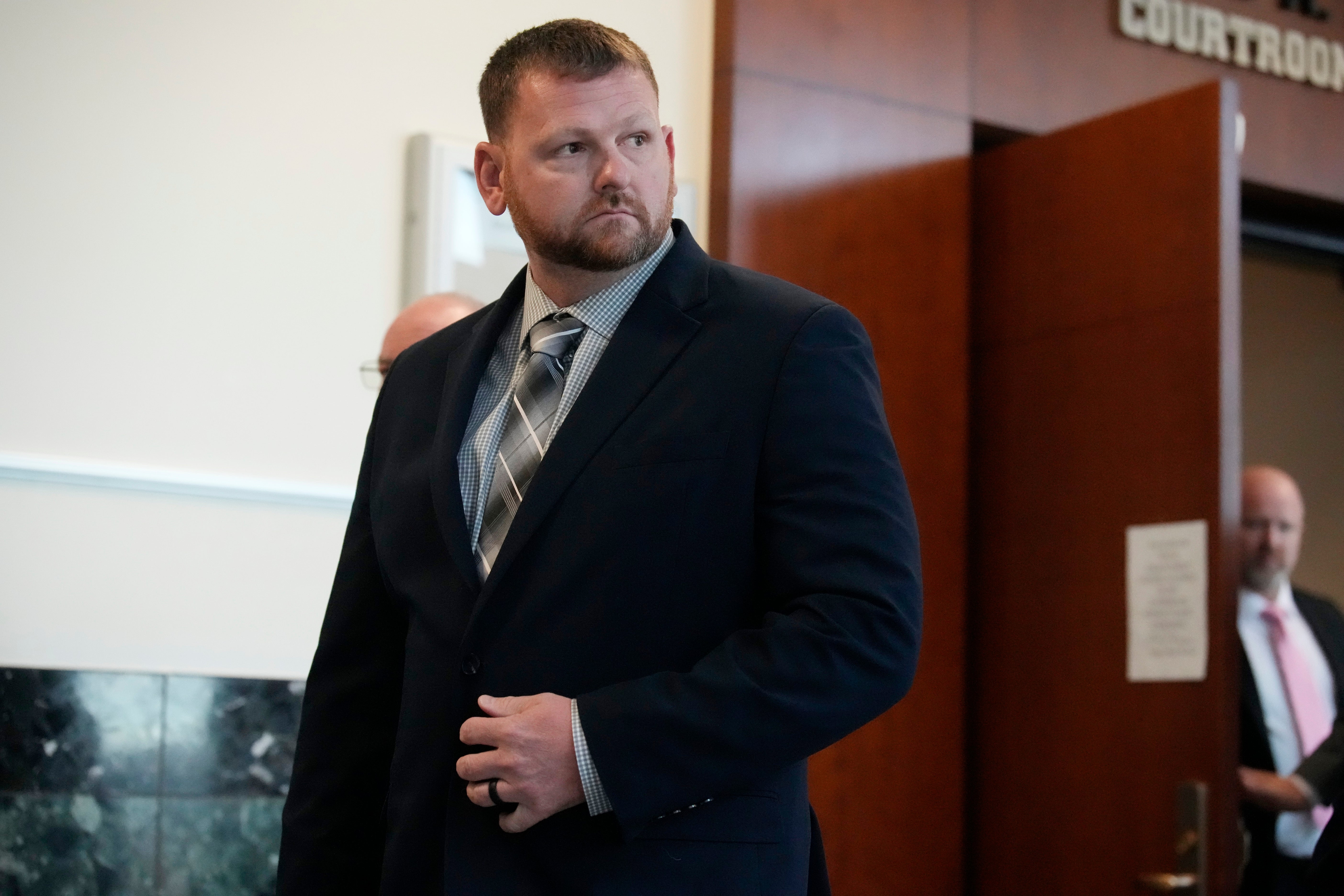 FILE - Former Aurora, Colo., Police Department officer Randy Roedema leaves the courtroom after being convicted of charges in the 2019 death of Elijah McClain during a trial in the Adams County, Colo., Courthouse, Oct. 12, 2023, in Brighton, Colo. The only police officer convicted of killing McClain faces anywhere from probation to several years behind bars when a judge decides his punishment Friday, Jan. 5, 2024. (AP Photo/David Zalubowski, File)