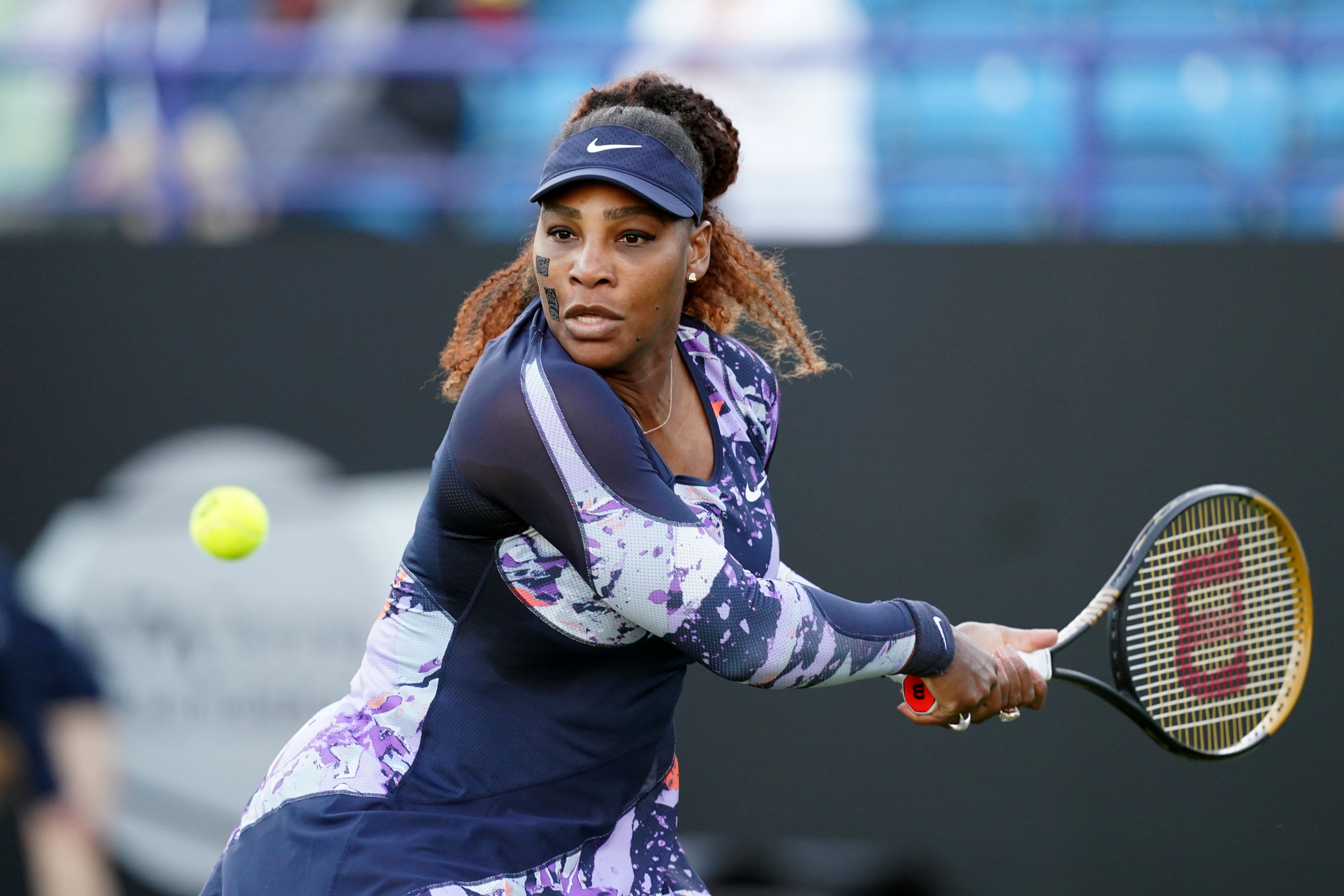 Serena Williams on the tennis court in Eastbourne, UK, in 2018