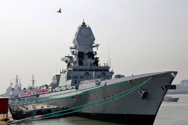 <p>File. INS Chennai, a Kolkata class destroyer, is moored at a jetty in Mumbai, India, Friday, 18 November 2016. - The Indian navy said on Friday, 5 January 2023, that it has deployed the ship and a patrol aircraft in the Arabian Sea following a hijacking attempt onboard a Liberia-flagged bulk carrier</p>