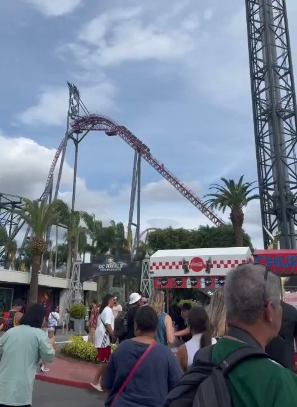 Horrified theme-park goers looked on as passengers on board were evacuated