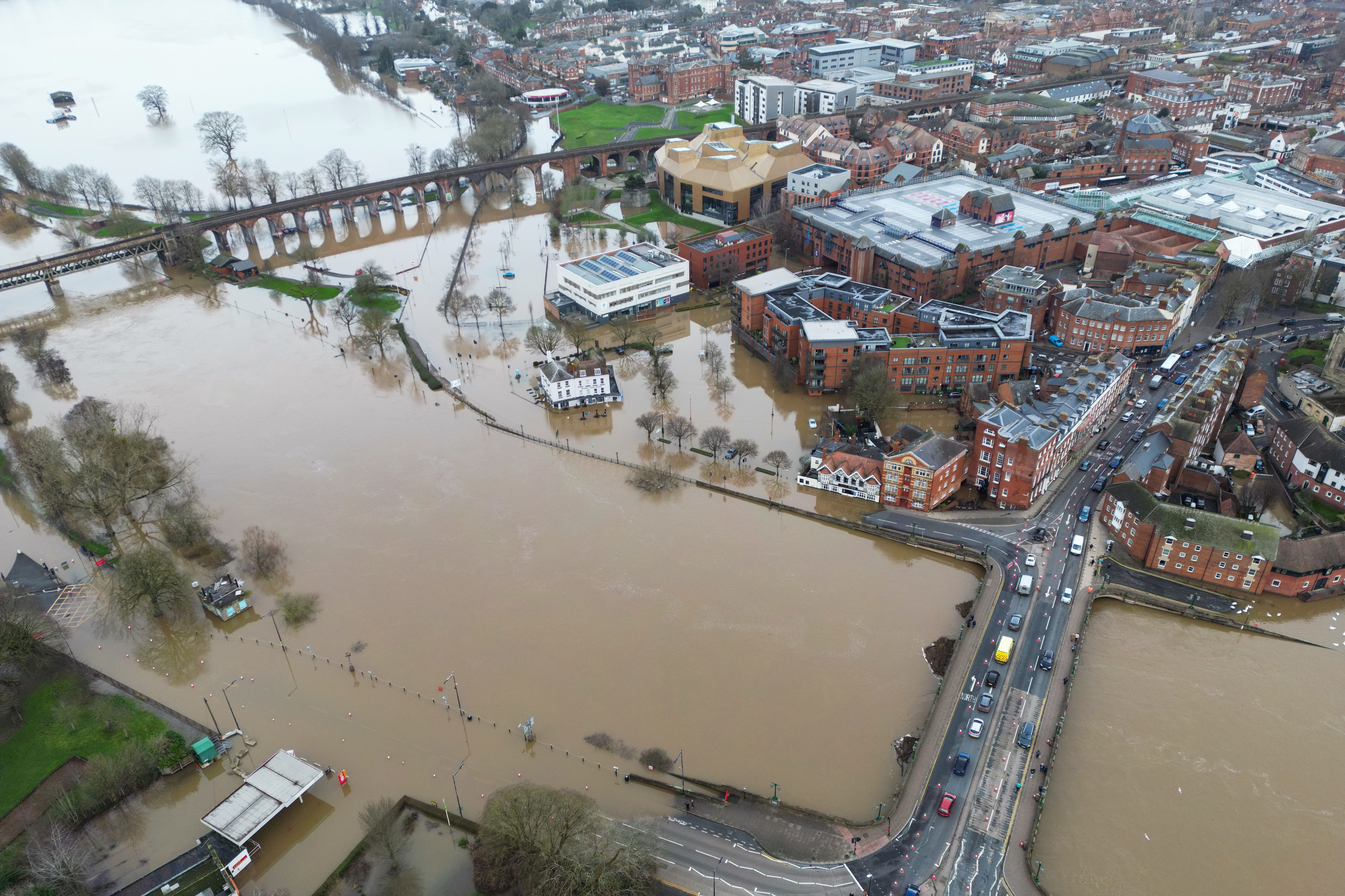 A view of Worcester city centre flooded by the River Severn (David Davies/PA)