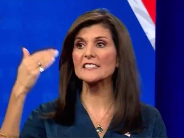 <p>Nikki Haley speaks at a CNN town hall in Des Moines, Iowa, on 4 January 2024</p>