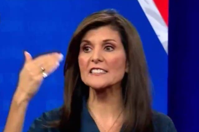 <p>Nikki Haley speaks at a CNN town hall in Des Moines, Iowa, on 4 January 2024</p>