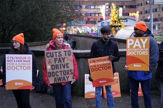 Junior doctors and members of the British Medical Association (BMA) outside Queen’s Medical Centre, Nottingham, as they take to picket lines for six days during their continuing dispute over pay. Picture date: Wednesday January 3, 2024.