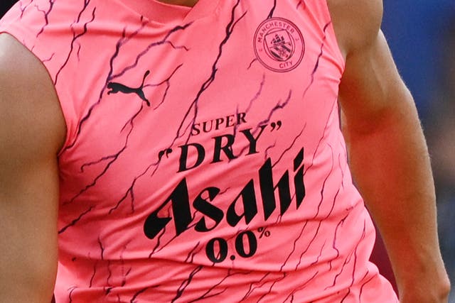 <p>Manchester City’s training kit is sponsored by Japanese beer brand Asahi </p>