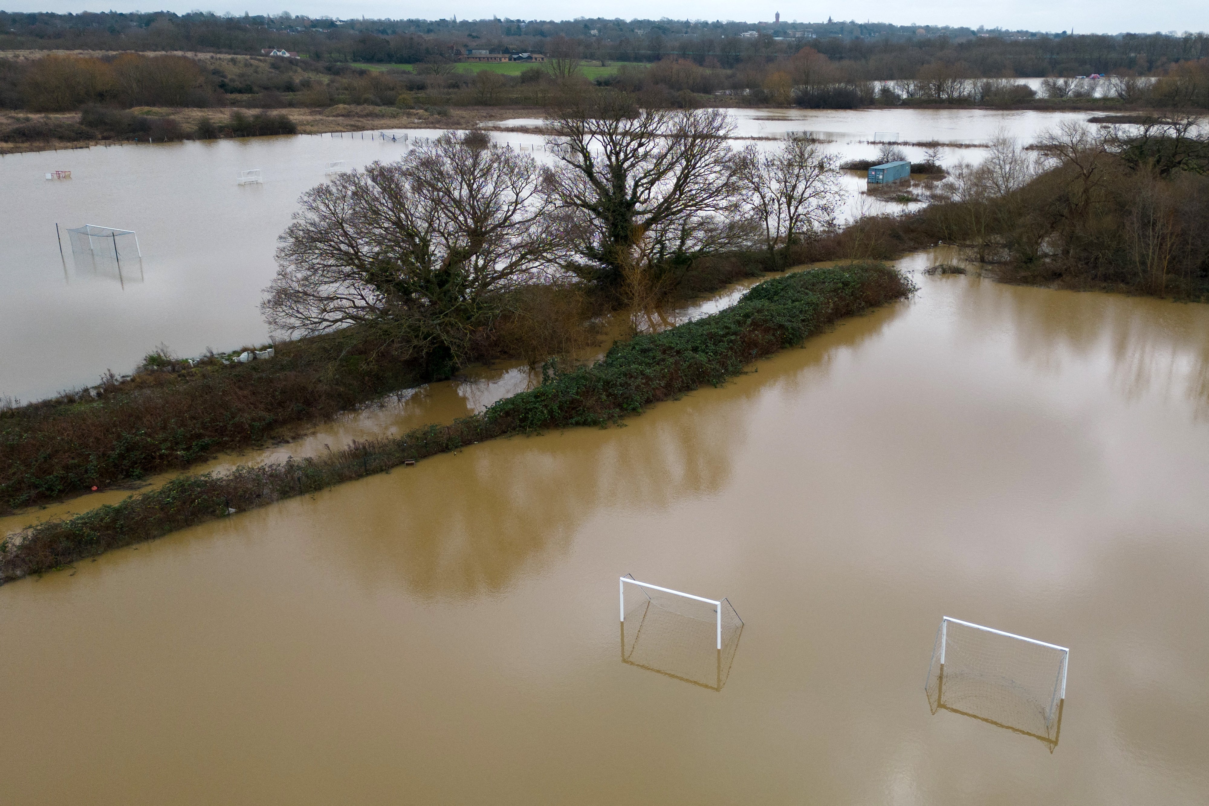 Water covering the pitches at Buckhurst Hill football club, northeast of London