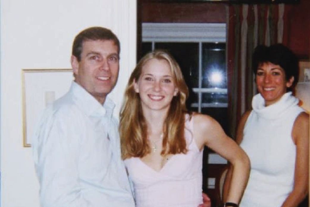 Prince Andrew with Virginia Giuffre (centre) and Ghislaine Maxwell