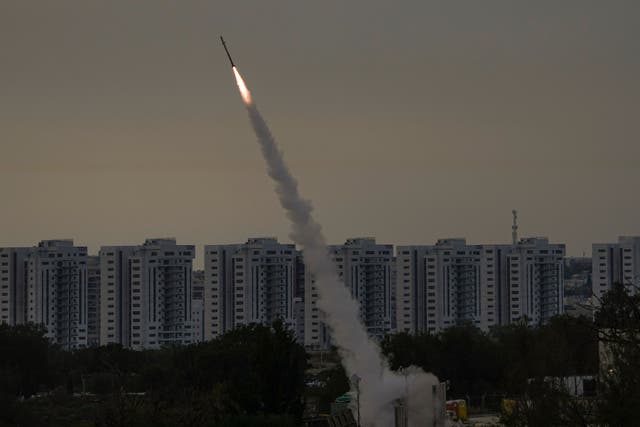 <p>Israel’s Iron Dome anti-missile system – which repelled Tehran’s onslaught on Saturday – intercepts a rocket</p>