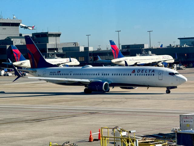 <p>Delta Air Lines planes are seen at gates at Hartsfield Jackson Atlanta International Airport in November 2023</p>