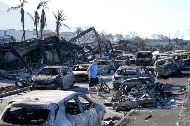 <p>A man walks through wildfire wreckage in Lahaina, Hawaii on August 11, 2023. The US was hit with a record number of billion-dollar climate disasters last year </p>