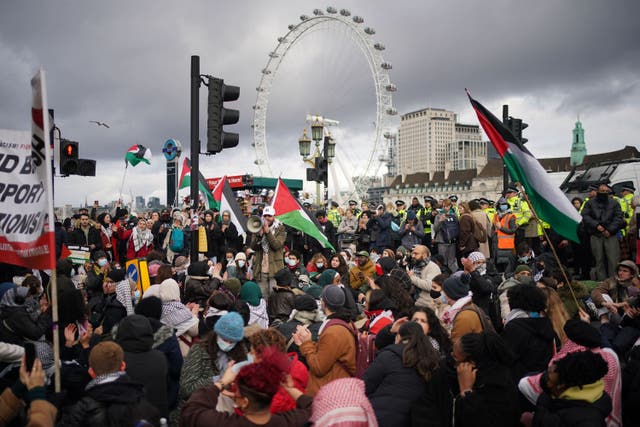<p>Protesters block Westminster Bridge during a Free Palestine Coalition demonstration in central London (Victoria Jones/PA)</p>