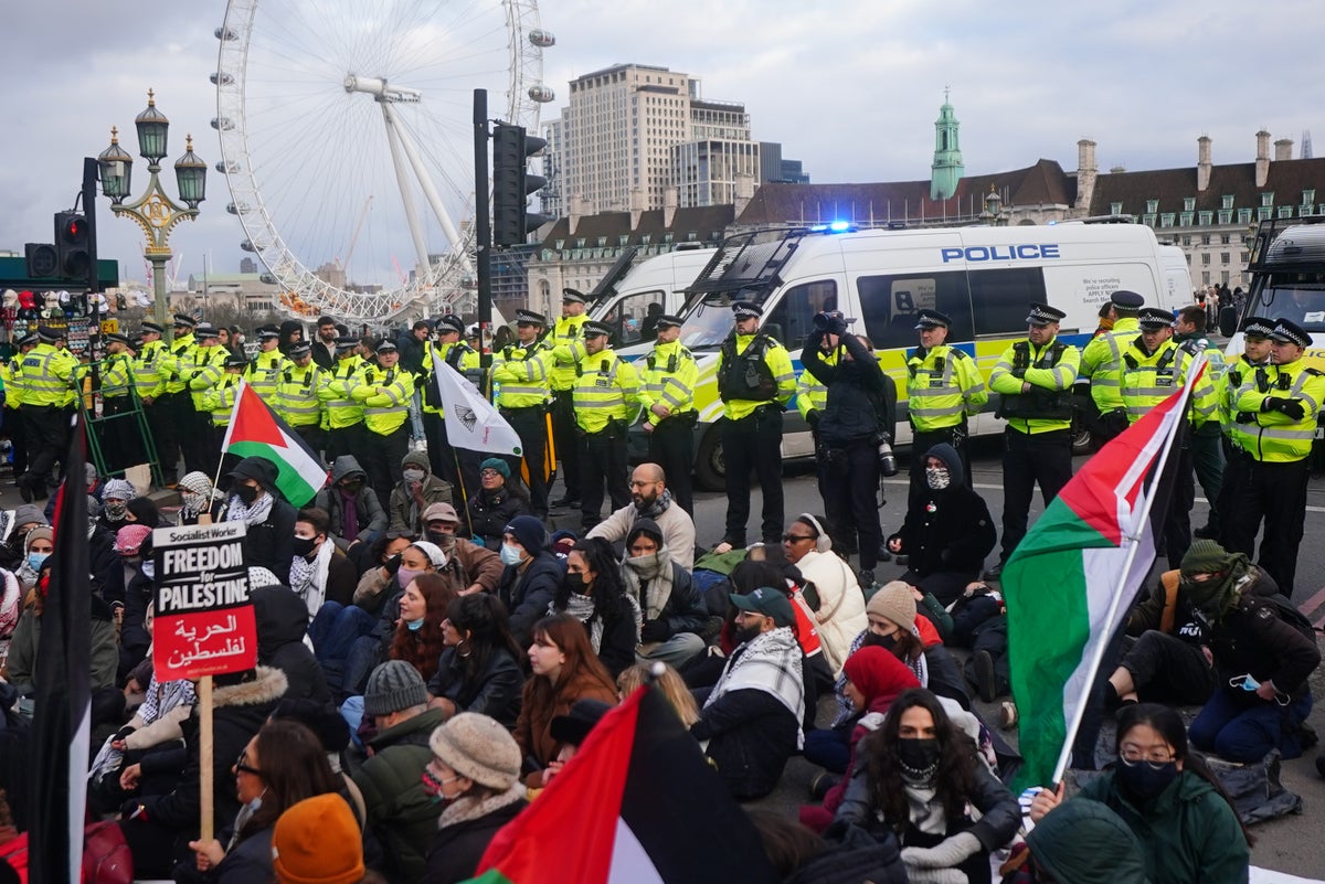 Hundreds of pro-Palestinian protestors block Westminster Bridge with sit-in calling for ceasefire