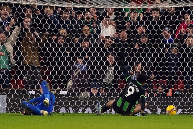 Joao Pedro scores Brighton’s fourth goal against Stoke (Martin Rickett/PA)