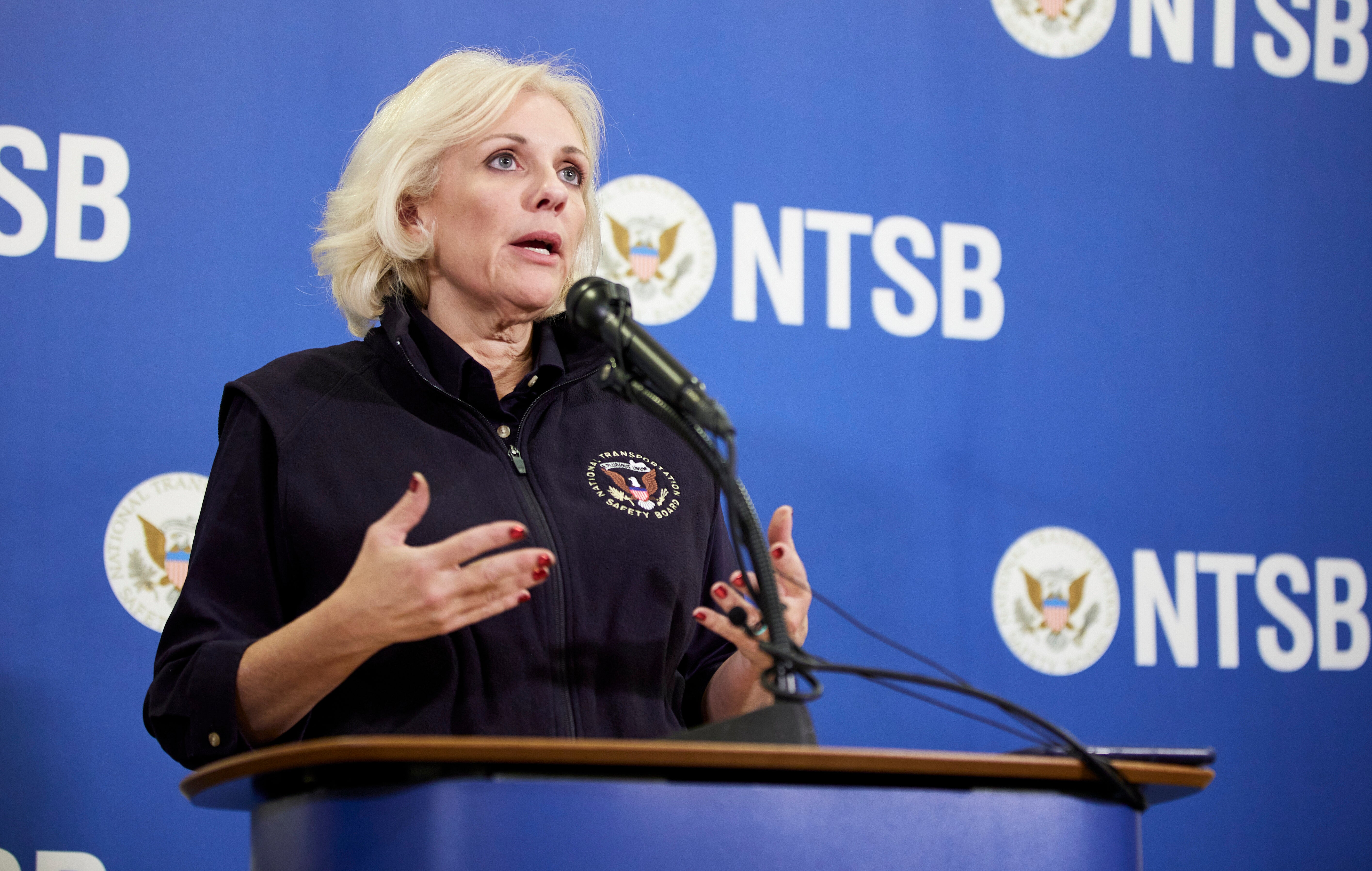 National Transportation Safety Board Chair Jennifer Homendy speaks to the media about the investigation on Alaska Airlines flight 1282 in Portland, Oregon Saturday 6 January 2024. (AP Photo/Craig Mitchelldyer)