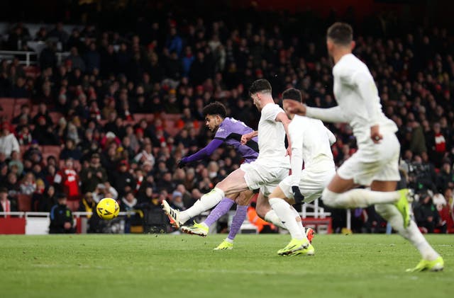 <p>Diaz doubled Liverpool’s lead with an angled finish at the Emirates </p>
