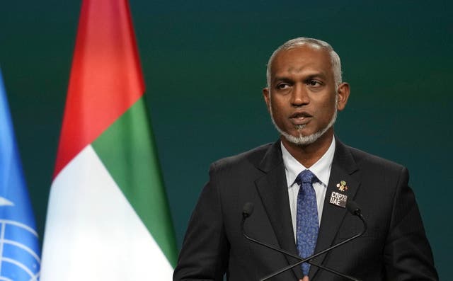 <p>Maldives President Mohamed Muizzu speaks during a plenary session at the COP28 U.N. Climate Summit</p>