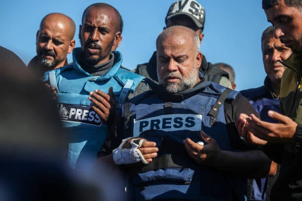 Family and friends including Al Jazeera reporter, Wael Al-Dahdouh bid farewell to the bodies of journalists Hamza Al-Dahdouh and Mustafa Thuraya on 7 January 2024