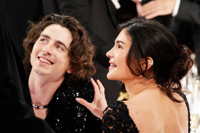 <p>Timothee Chalamet and Kylie Jenner at the 81st Annual Golden Globe Awards at the Beverly Hilton in Beverly Hills, California on Sunday, 7 January 2024</p>