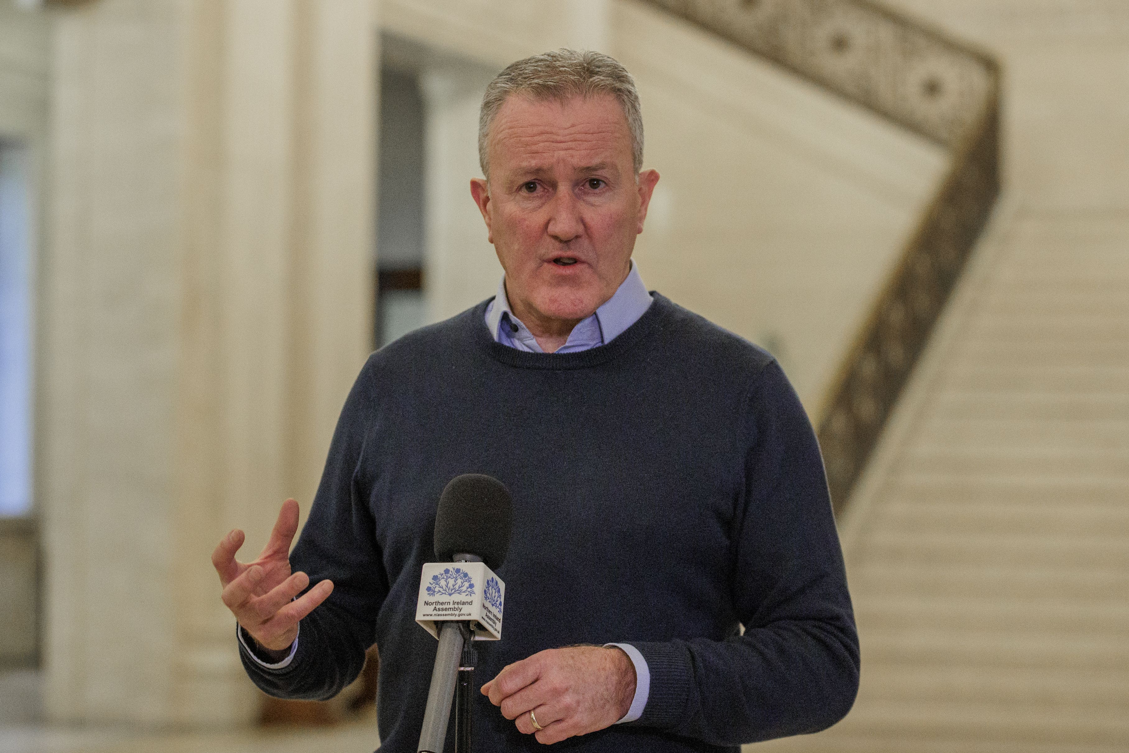Sinn Fein MLA Conor Murphy speaking in the Great Hall of Parliament Buildings at Stormont calling on DUP leader Sir Jeffery Donaldson to say if he want share power or not (Liam McBurney/PA)