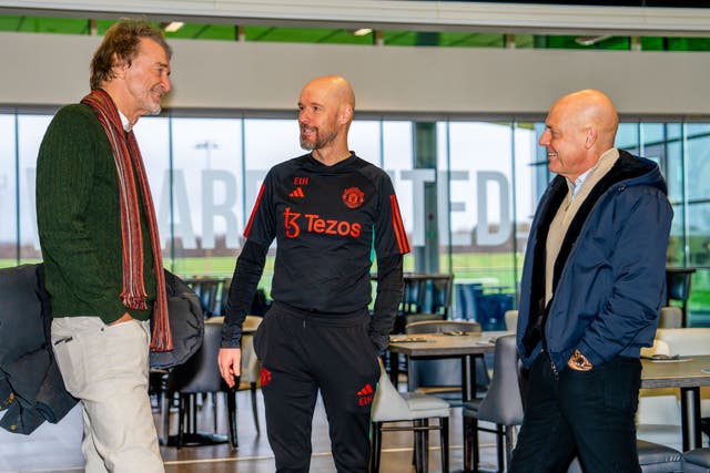 <p>Sir Jim Ratcliffe and Sir Dave Brailsford of INEOS meet Manager Erik ten Hag of Manchester United in the staff restaurant at Carrington Training Complex</p>
