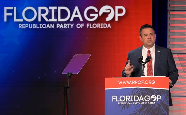 <p> Republican Party of Florida Chairman Christian Ziegler addresses attendees at the Republican Party of Florida Freedom Summit in November 2023</p>