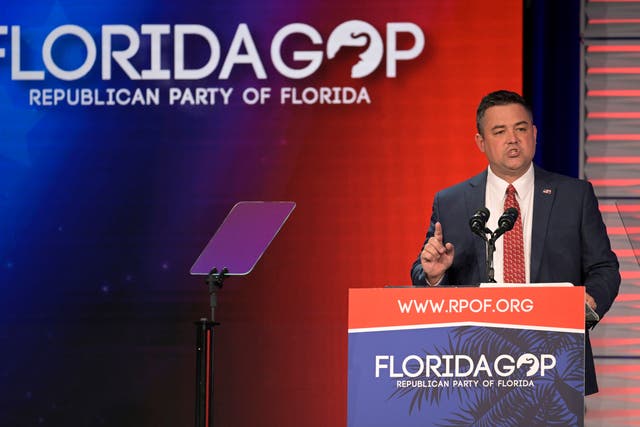 <p> Republican Party of Florida Chairman Christian Ziegler addresses attendees at the Republican Party of Florida Freedom Summit in November 2023</p>