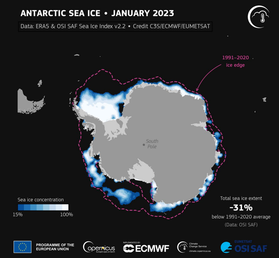 Monthly mean sea ice concentrations around Antarctica in 2023. The average sea ice edge for each month during the 1991–2020 reference period is shown with a dashed magenta line