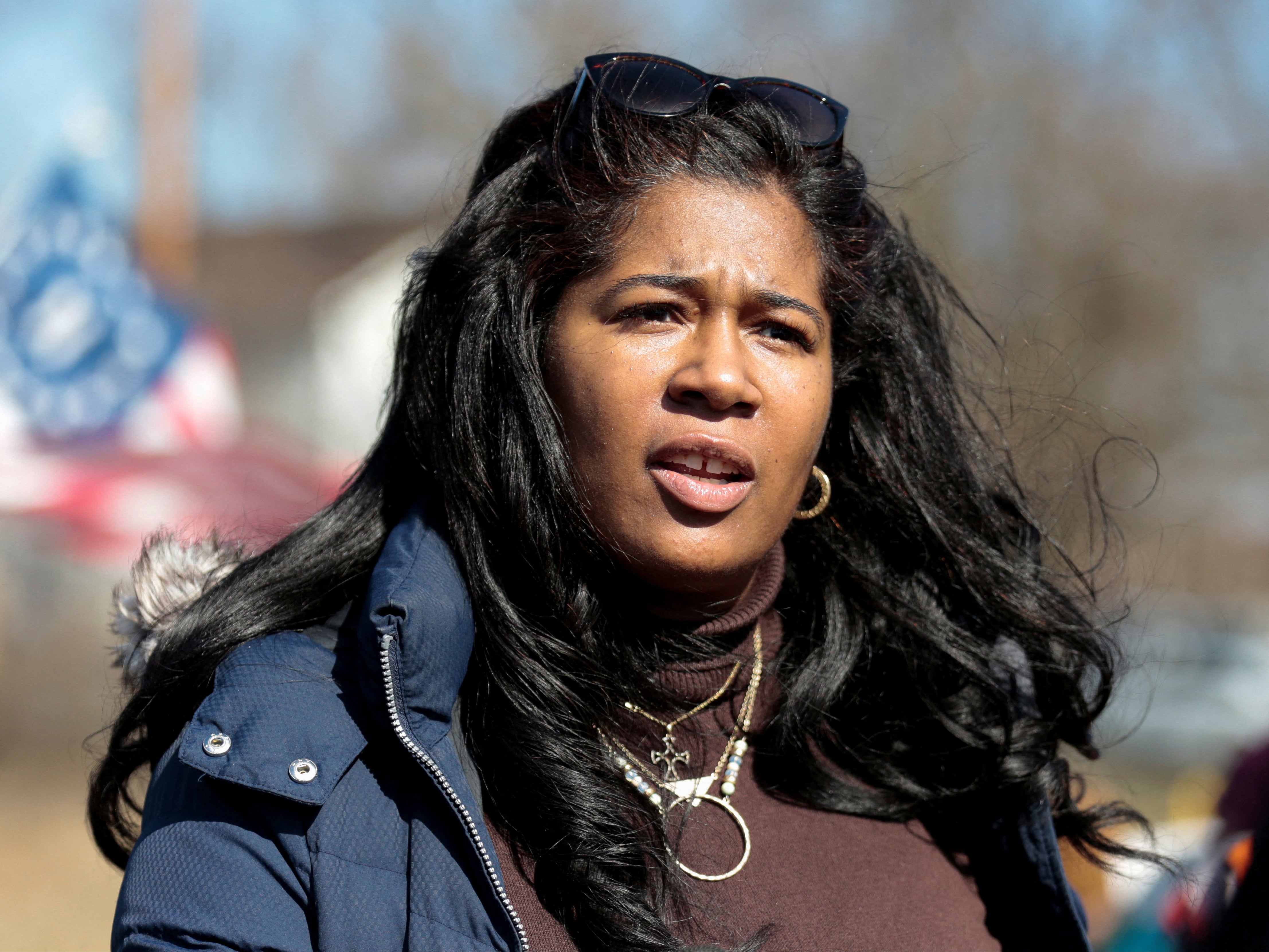 Kristina Karamo attends a protest in Romulus, Michigan, February 2023