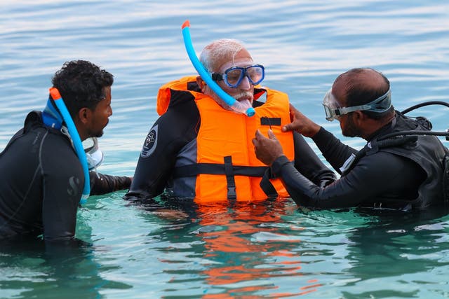 <p>Indian prime minister Narendra Modi snorkelling in Lakshadweep</p>
