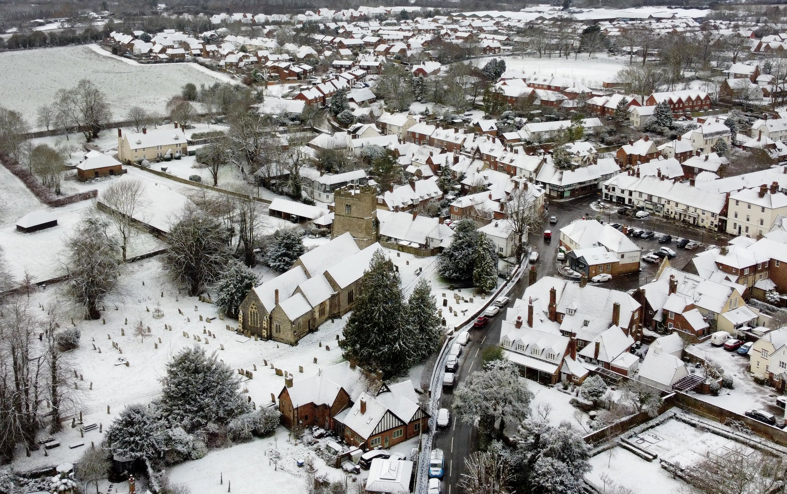 A view over the village of Lenham, Kent, following snowfall in the region