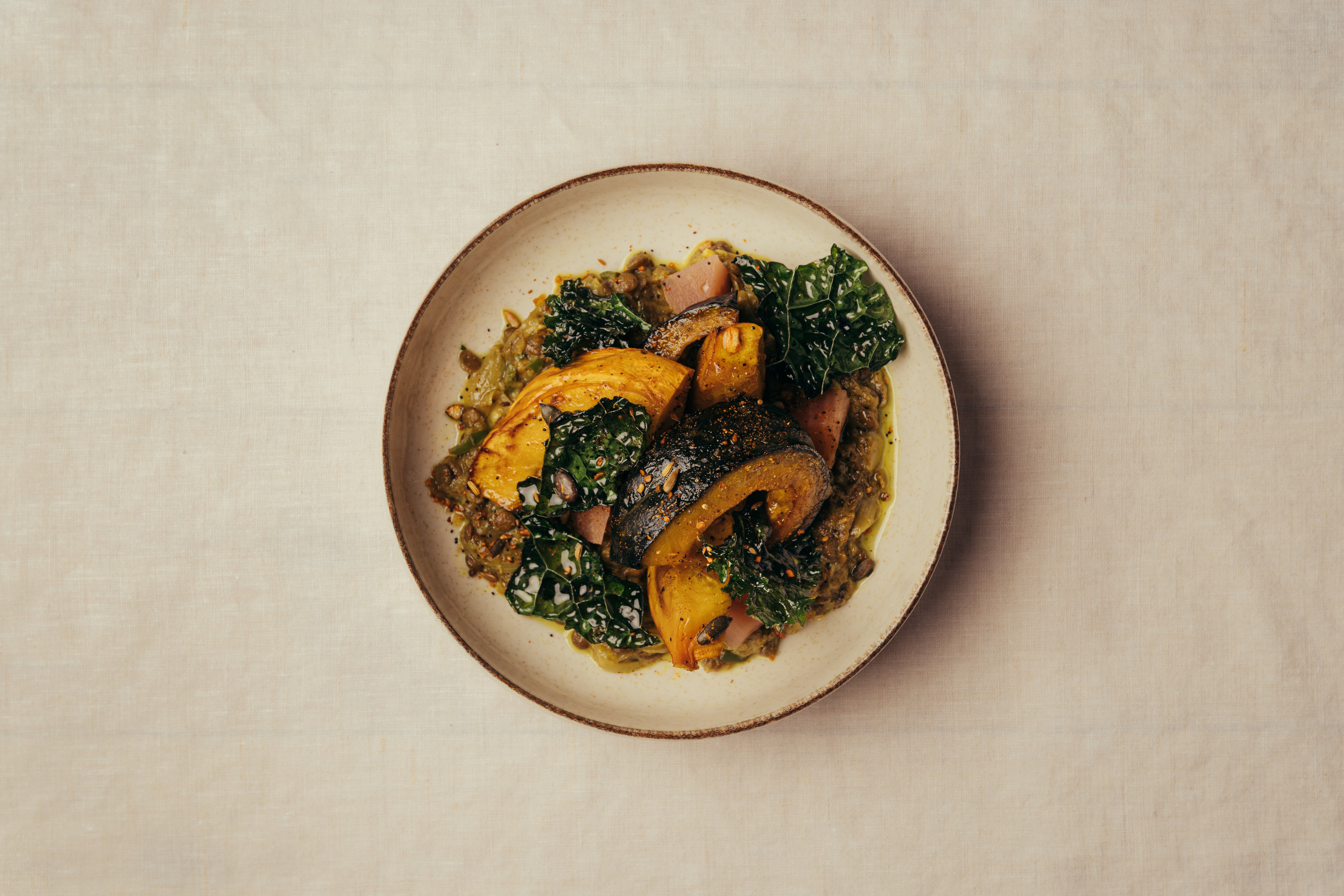 A comforting bowl of lightly spiced dhal and glistening roasted squash