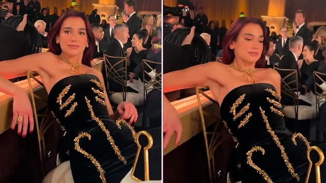 <p>Dua Lipa shares funny Golden Globes clip as she struggles to sit down in designer dress.</p>