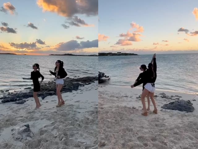 <p>Victoria Beckham dancing on the sand in the Bahamas with Nicola Peltz Beckham</p>