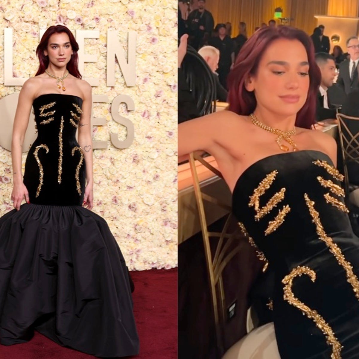 dua lipa golden globes dress Dua Lipa is covered in glamorous gilded bones on Golden Globes 2024 red carpet
