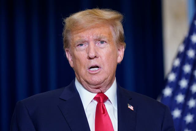 <p>Former President Donald Trump speaks to the media at a Washington hotel, Tuesday, Jan. 9, 2024, after attending a hearing before the D.C. Circuit Court of Appeals at the federal courthouse in Washington. (AP Photo/Susan Walsh)</p>