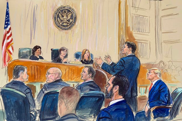 <p>A courtroom sketch depicts Donald Trump observing an appeals court hearing in Washington DC</p>