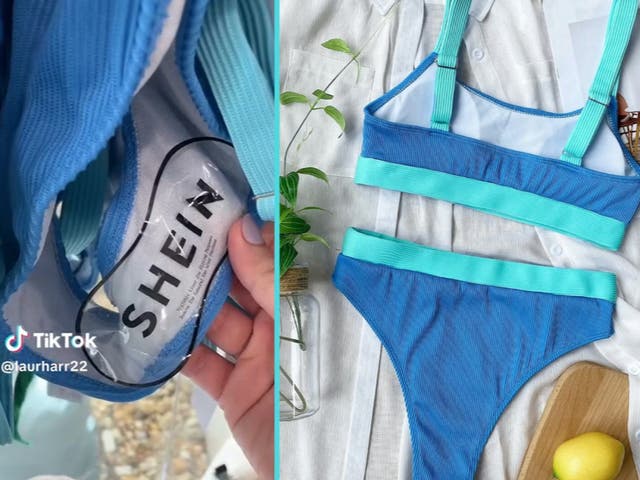 <p>In a TikTok video, Lauren Harris (@laurharr22) shared with viewers a blue bikini with Shein tags still attached being sold at a boutique</p>